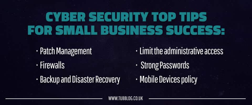 Summary image, listing cyber security top tips for small business success
